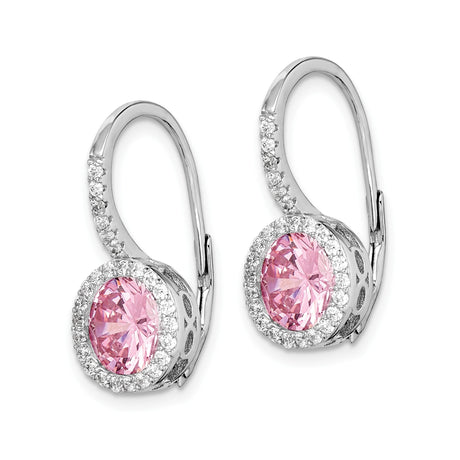 Sterling Silver Dangle Earrings with Pink Center Cubic Zirconia and Halo Setting, Leverback Design
