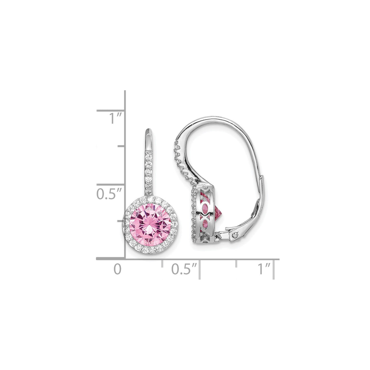 Sterling Silver Dangle Earrings with Pink Center Cubic Zirconia and Halo Setting, Leverback Design