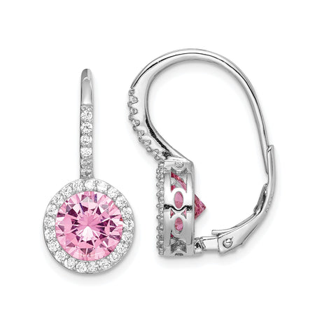 Sterling Silver Dangle Earrings with Pink Center Cubic Zirconia and Halo Setting, Leverback Design