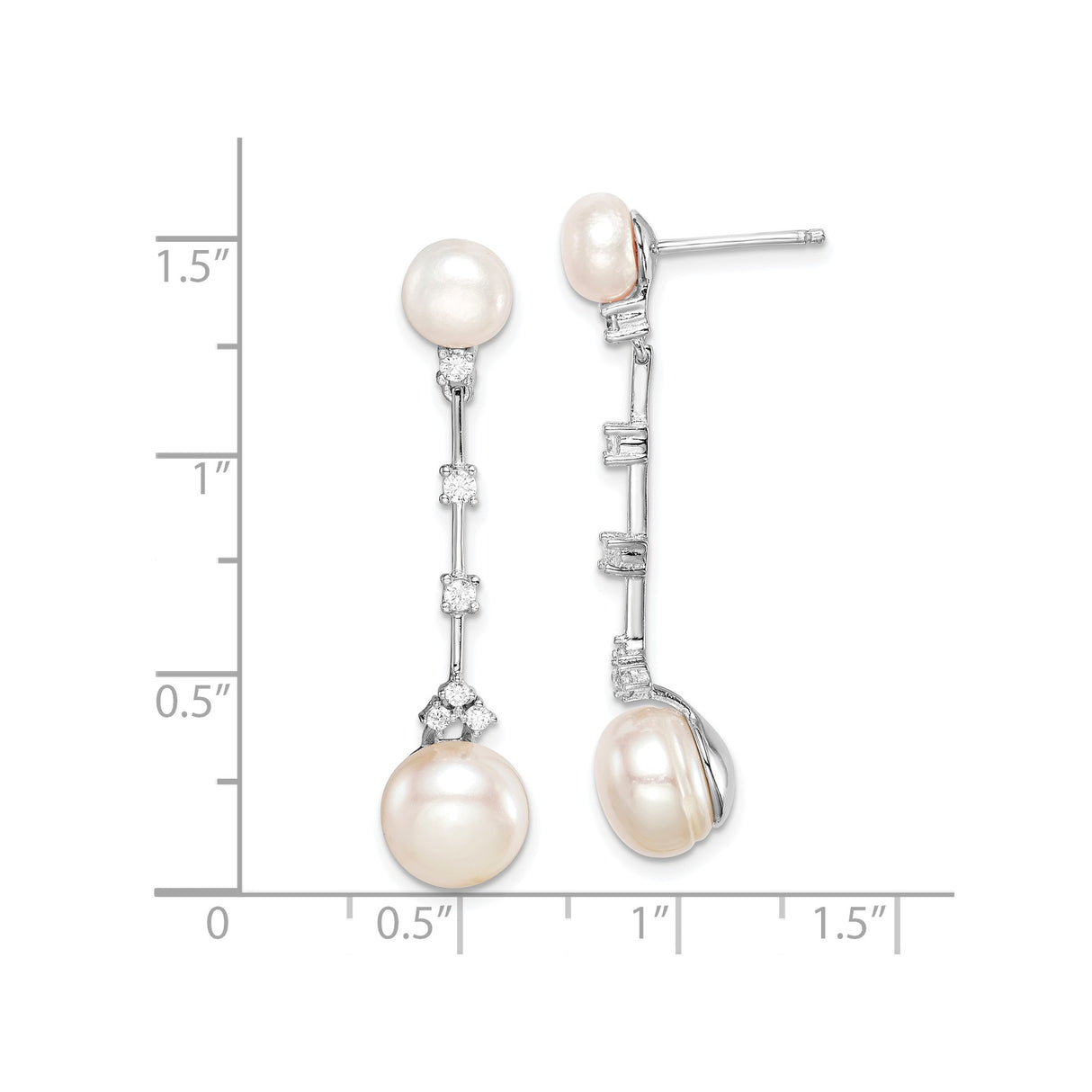 Sterling Silver Linear Drop Earrings with Cultured Freshwater Pearls and Cubic Zirconia Accents
