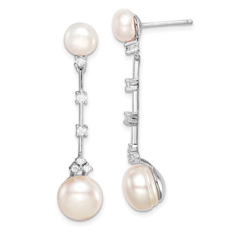 Sterling Silver Linear Drop Earrings with Cultured Freshwater Pearls and Cubic Zirconia Accents