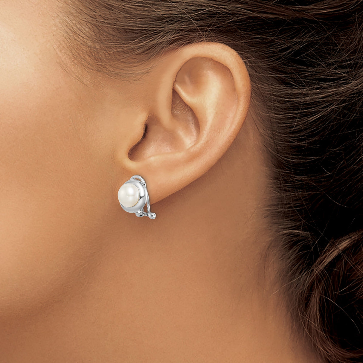 Sterling Silver Stud Earrings with White Round Freshwater Cultured Pearls, Bezel Set Omega Back Design