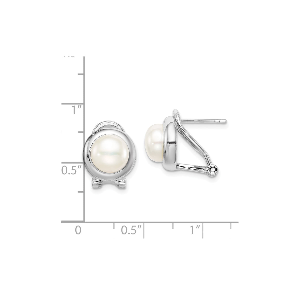 Sterling Silver Stud Earrings with White Round Freshwater Cultured Pearls, Bezel Set Omega Back Design