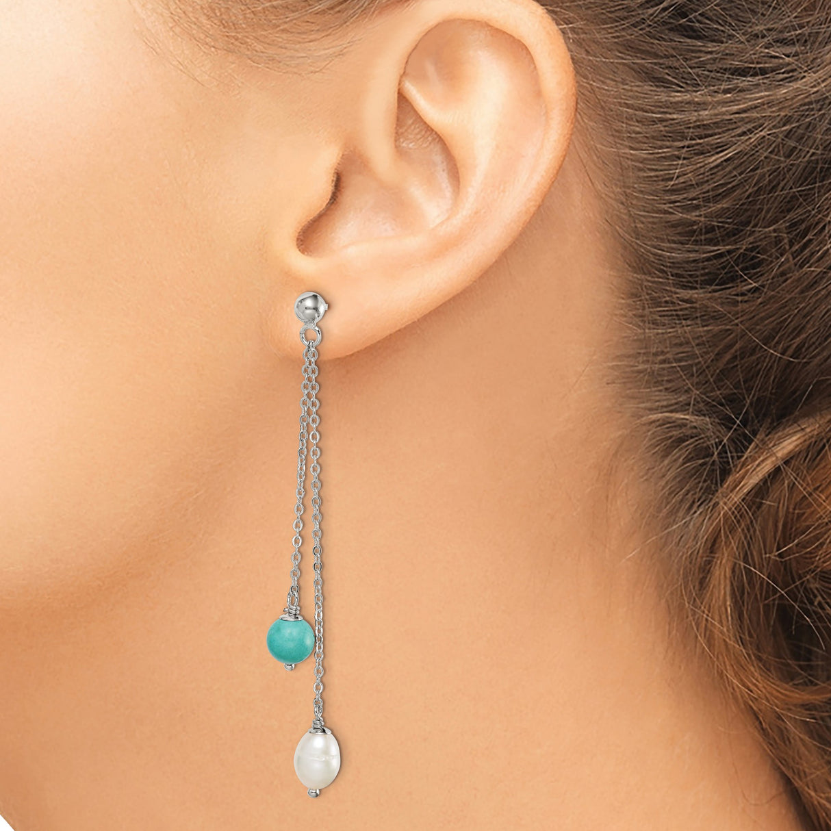 Sterling Silver Dangle Earrings with Turquoise and Freshwater Pearls, Boho Minimalist Style