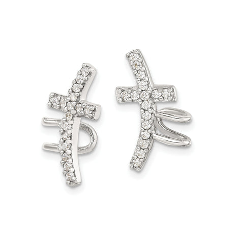 Sterling Silver Ear Climbers with Cubic Zirconia, Sideways Cross Christian Earrings for Women