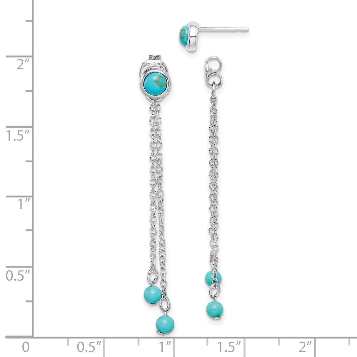 Sterling Silver Dangle Stud Earrings with Created Turquoise and Dual Hanging Chains, Boho Style
