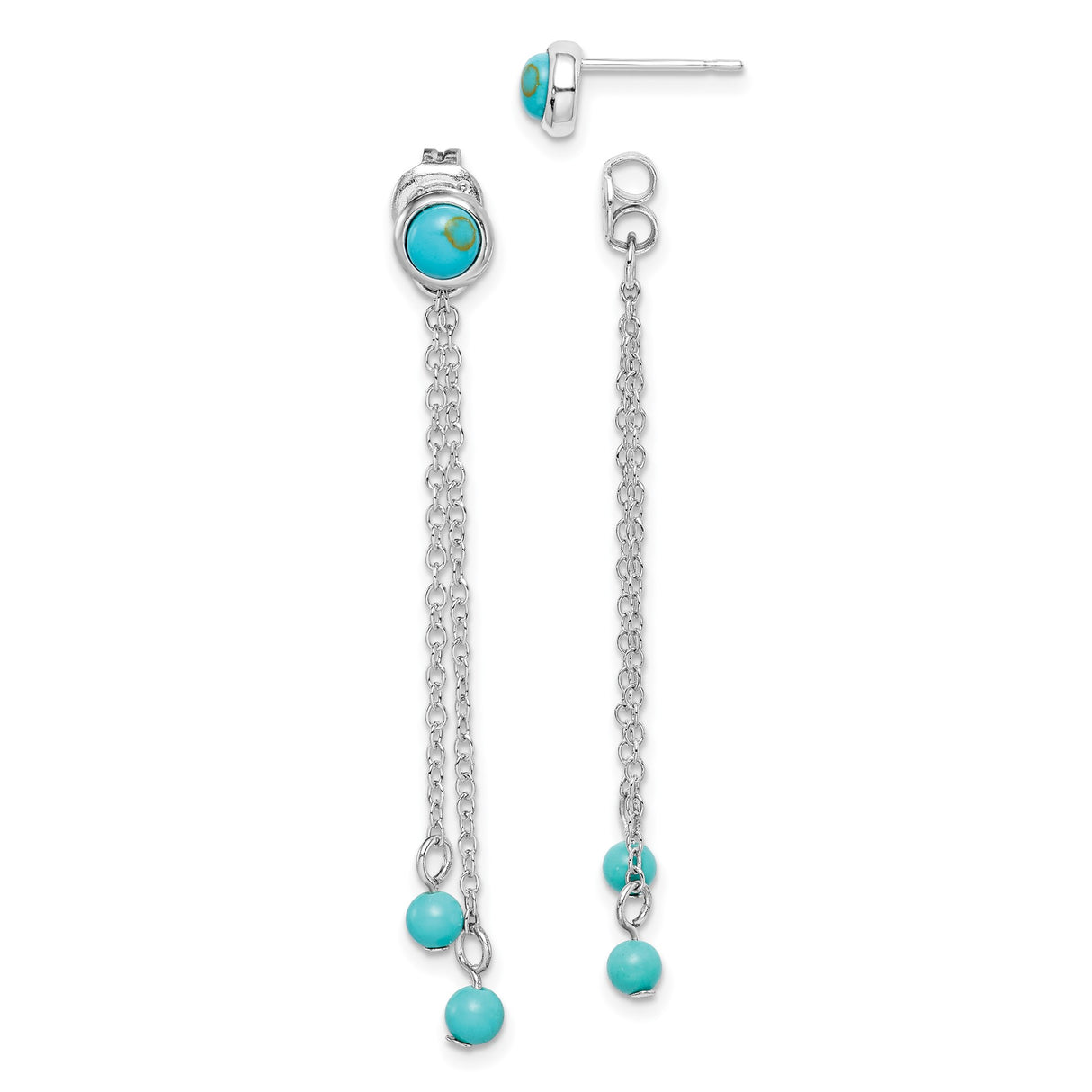 Sterling Silver Dangle Stud Earrings with Created Turquoise and Dual Hanging Chains, Boho Style