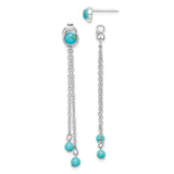 Sterling Silver Dangle Stud Earrings with Created Turquoise and Dual Hanging Chains, Boho Style