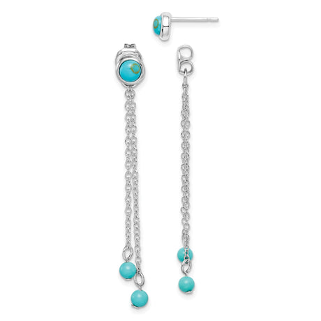 Sterling Silver Dangle Stud Earrings with Created Turquoise and Dual Hanging Chains, Boho Style