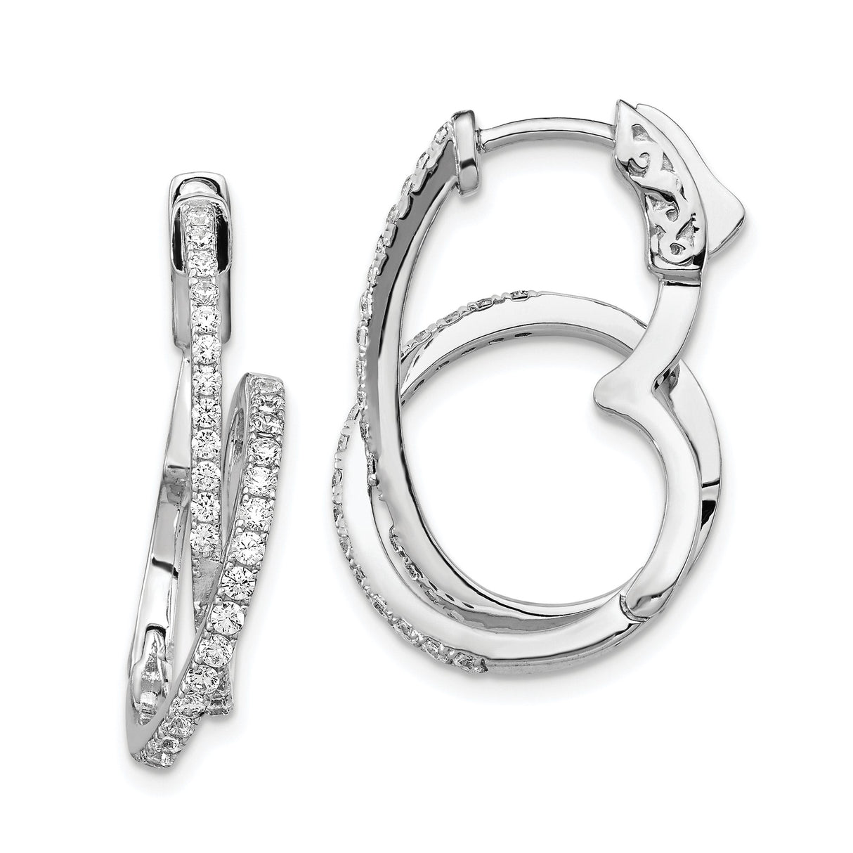 Sterling Silver Hoop Earrings with Cubic Zirconia, Twisted Overlapping Design