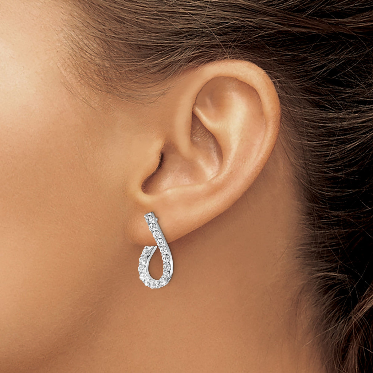 Sterling Silver Teardrop Hoop Earrings with Cubic Zirconia, Rhodium Plated Dangle Design