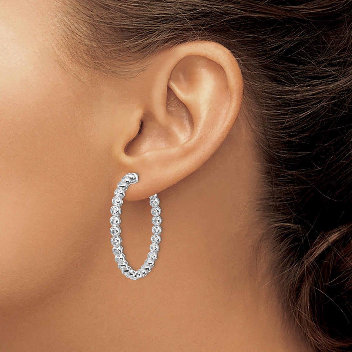 Sterling Silver Hoop Earrings with Cubic Zirconia, Bezel Set, Polished Modern Style