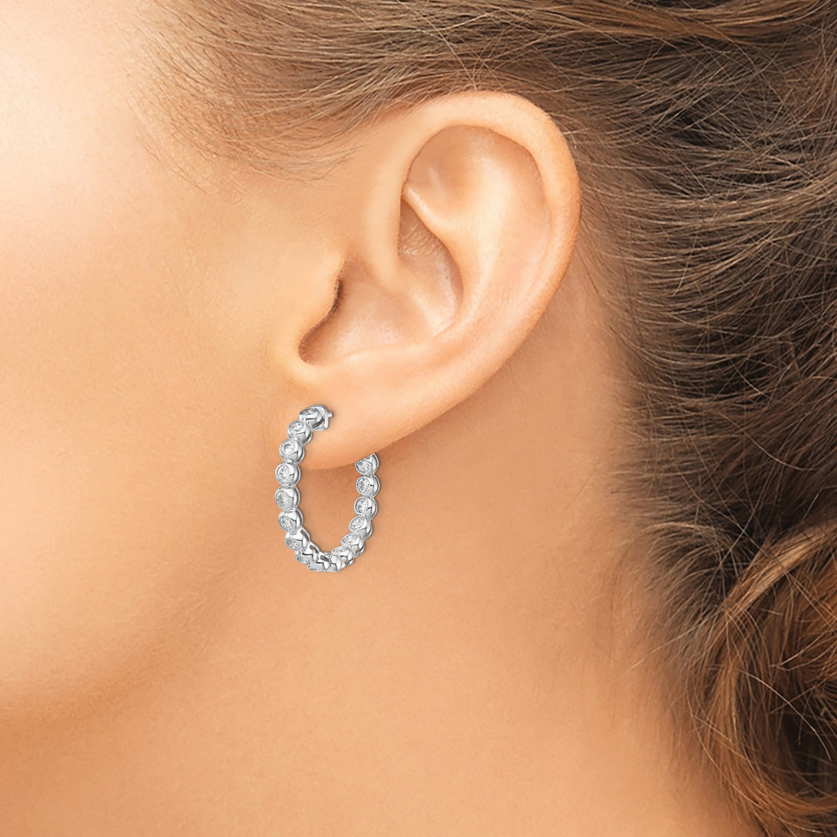 Sterling Silver Hoop Earrings with Round Bezel Set Cubic Zirconia, In and Out Design