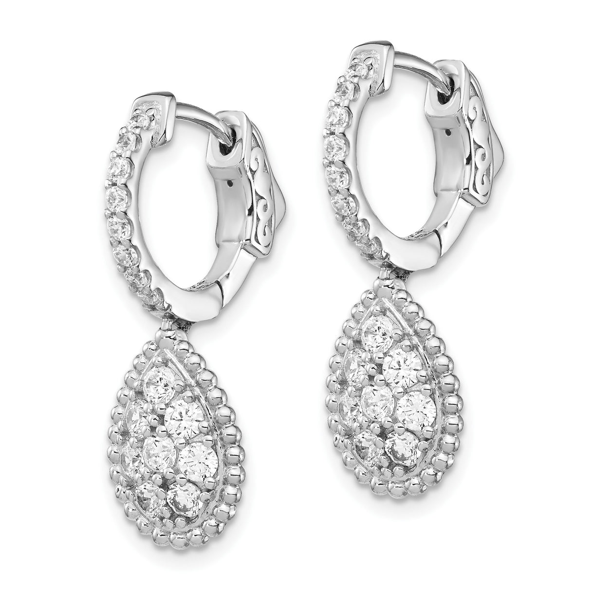 Sterling Silver Teardrop Dangle Earrings with Cubic Zirconia and Vintage Scrollwork Leverback