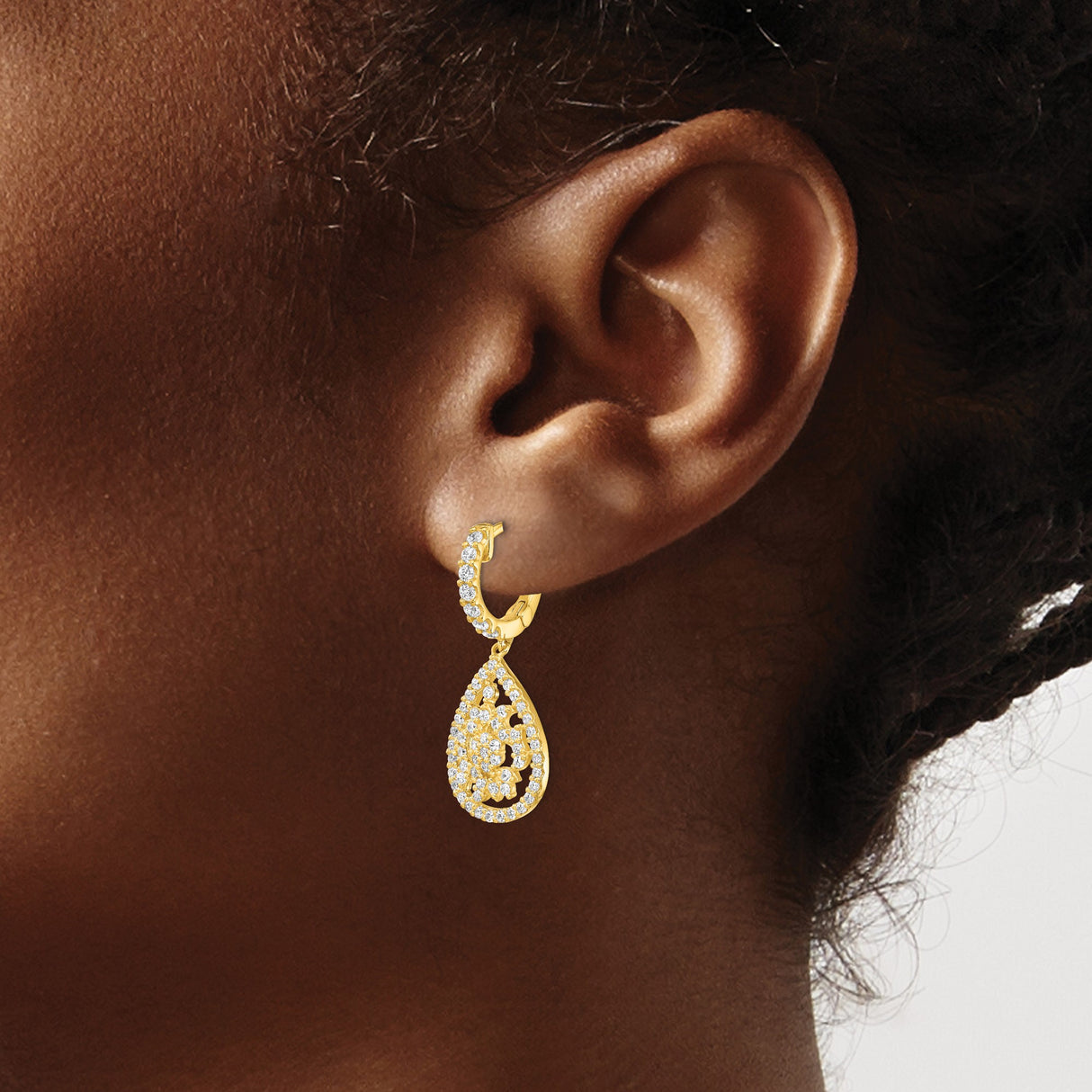 Sterling Silver Teardrop Dangle Earrings with Cubic Zirconia and Filigree Floral Design