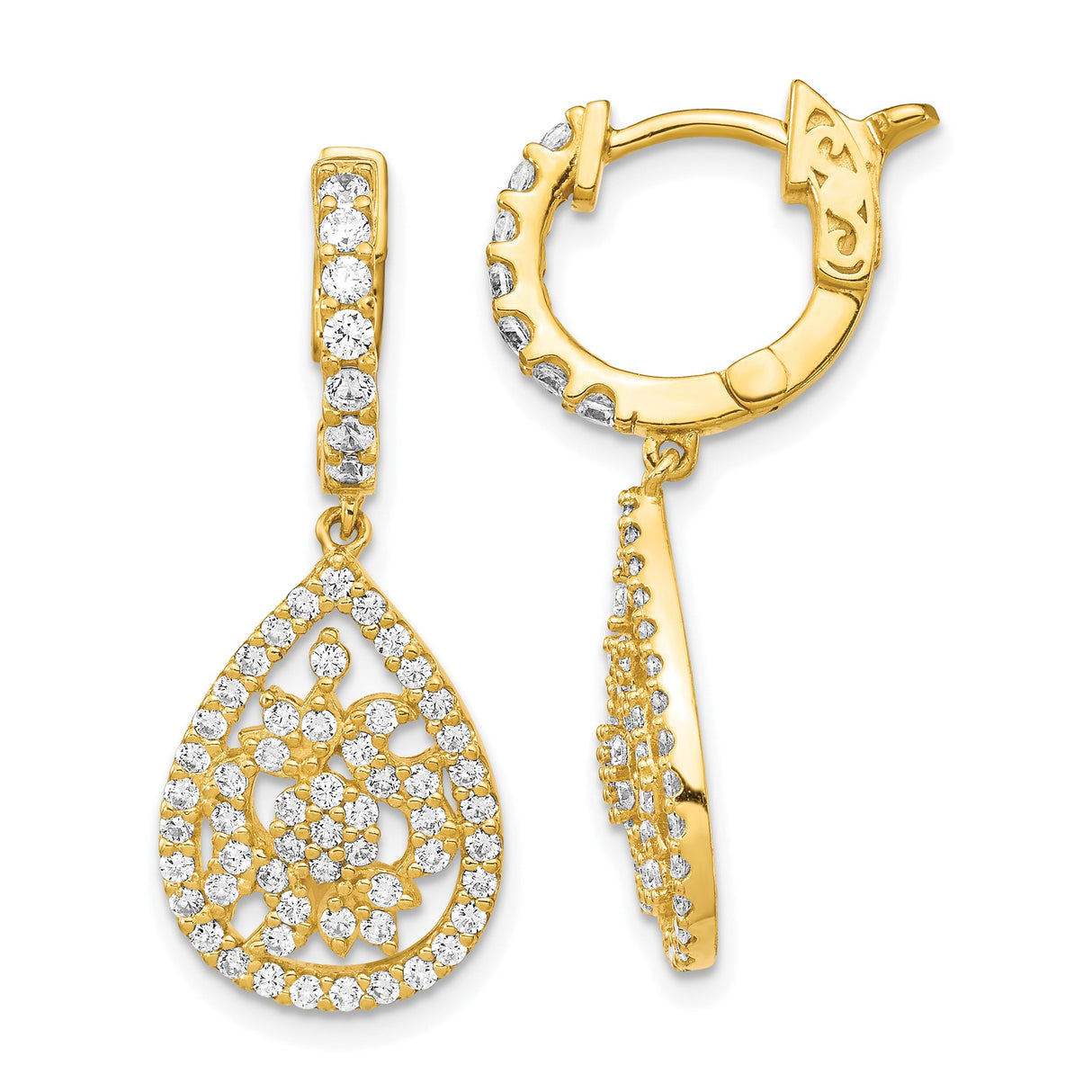 Sterling Silver Teardrop Dangle Earrings with Cubic Zirconia and Filigree Floral Design