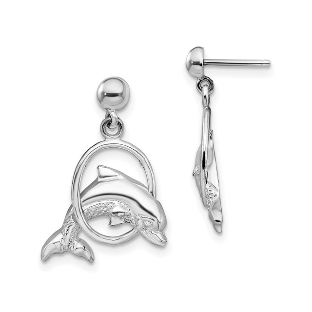 Sterling Silver Dolphin Dangle Earrings with Jumping Dolphin Through Hoop Design