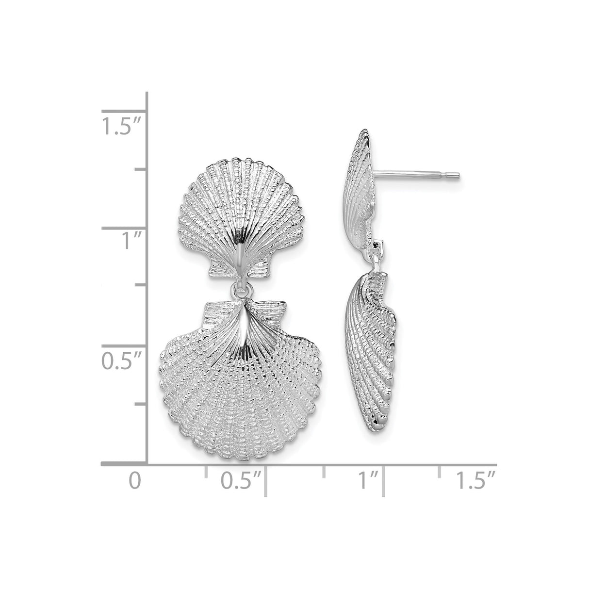 Sterling Silver Dangle Earrings with Double Seashell Design, Textured Ocean-Inspired Style