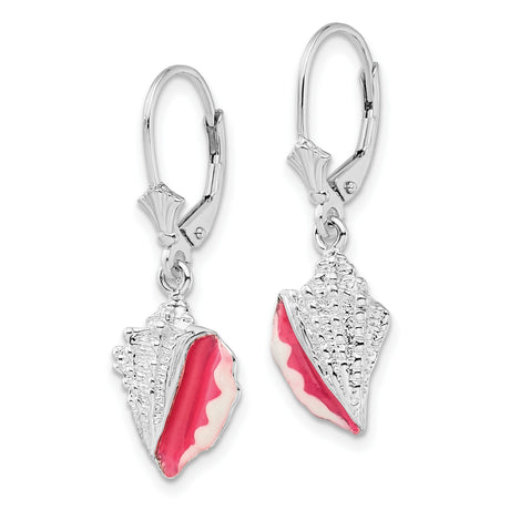 Sterling Silver Dangle Earrings with Pink and White Enamel Conch Shell Charms, Beach Theme Jewelry