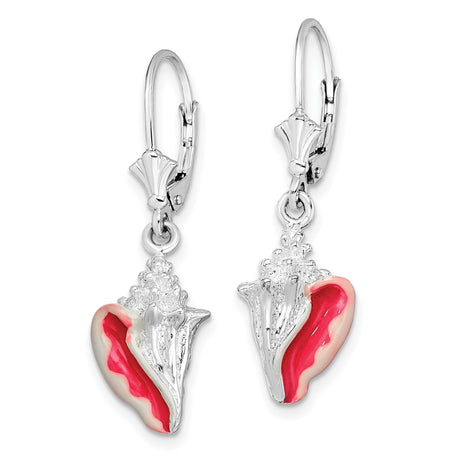 Sterling Silver Dangle Earrings with Pink and White Enamel Conch Shell Charms, Nautical Ocean Theme