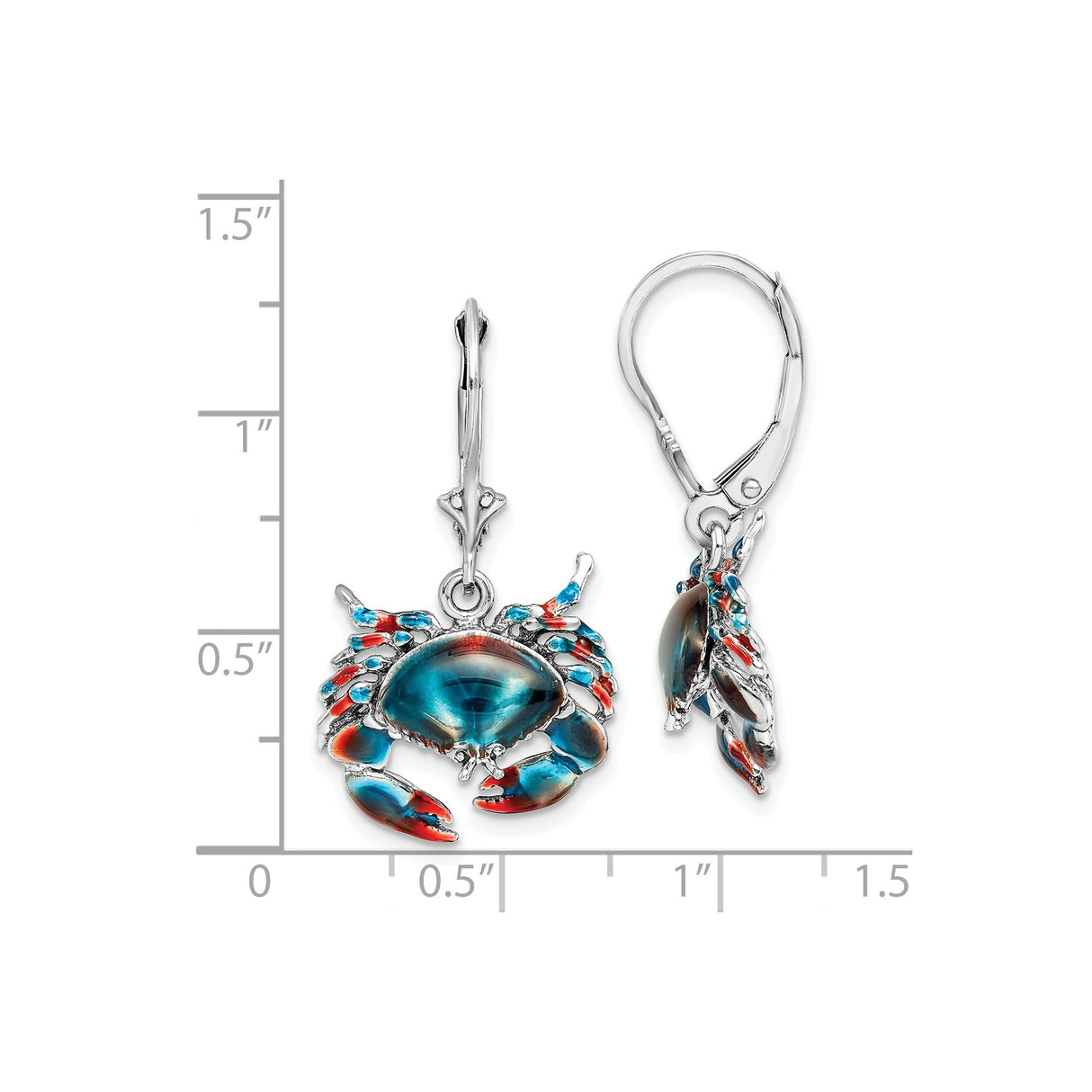 Sterling Silver Drop Earrings with Enamel Blue Crab Design, Nautical Ocean Theme for Women