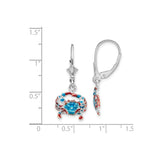 Sterling Silver Crab Dangle Leverback Earrings with Red and Blue Enamel, Nautical Coastal Style