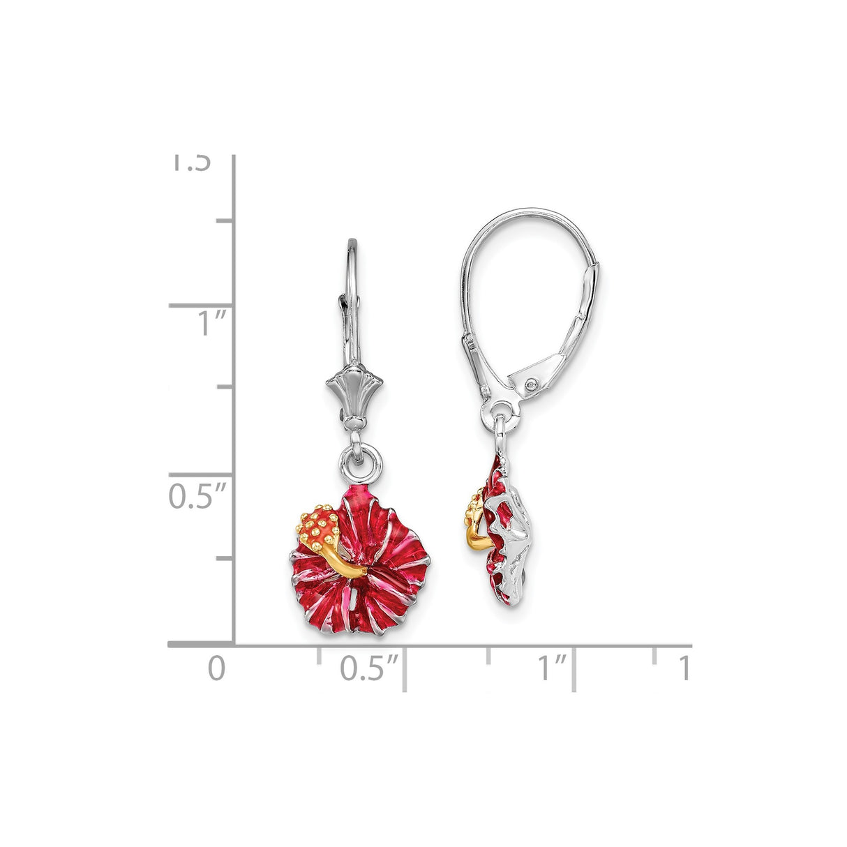 Sterling Silver Leverback Earrings with Red and Gold Enamel Hibiscus Flowers, Tropical Floral Design