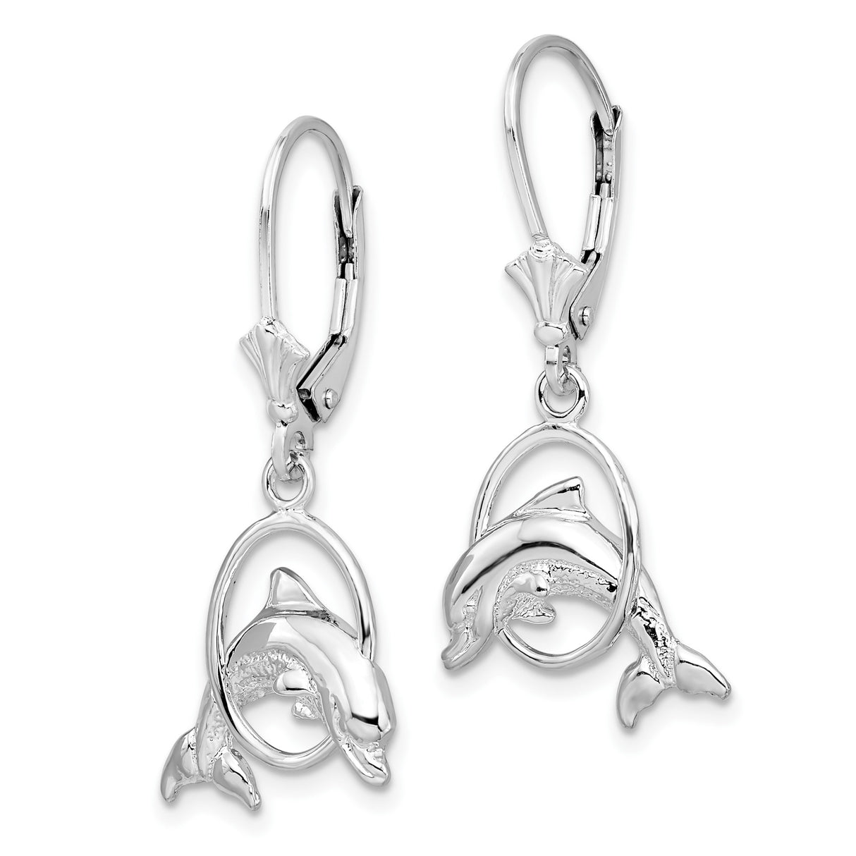 Sterling Silver Dolphin Dangle Earrings, Leaping Dolphin in Circle Hoop Design