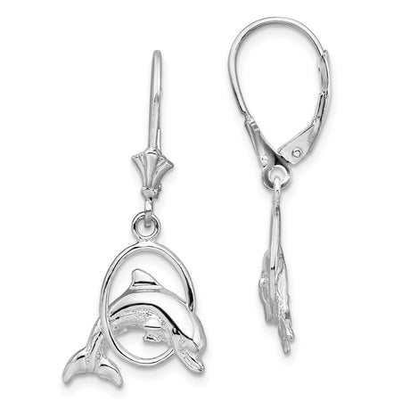 Sterling Silver Dolphin Dangle Earrings, Leaping Dolphin in Circle Hoop Design
