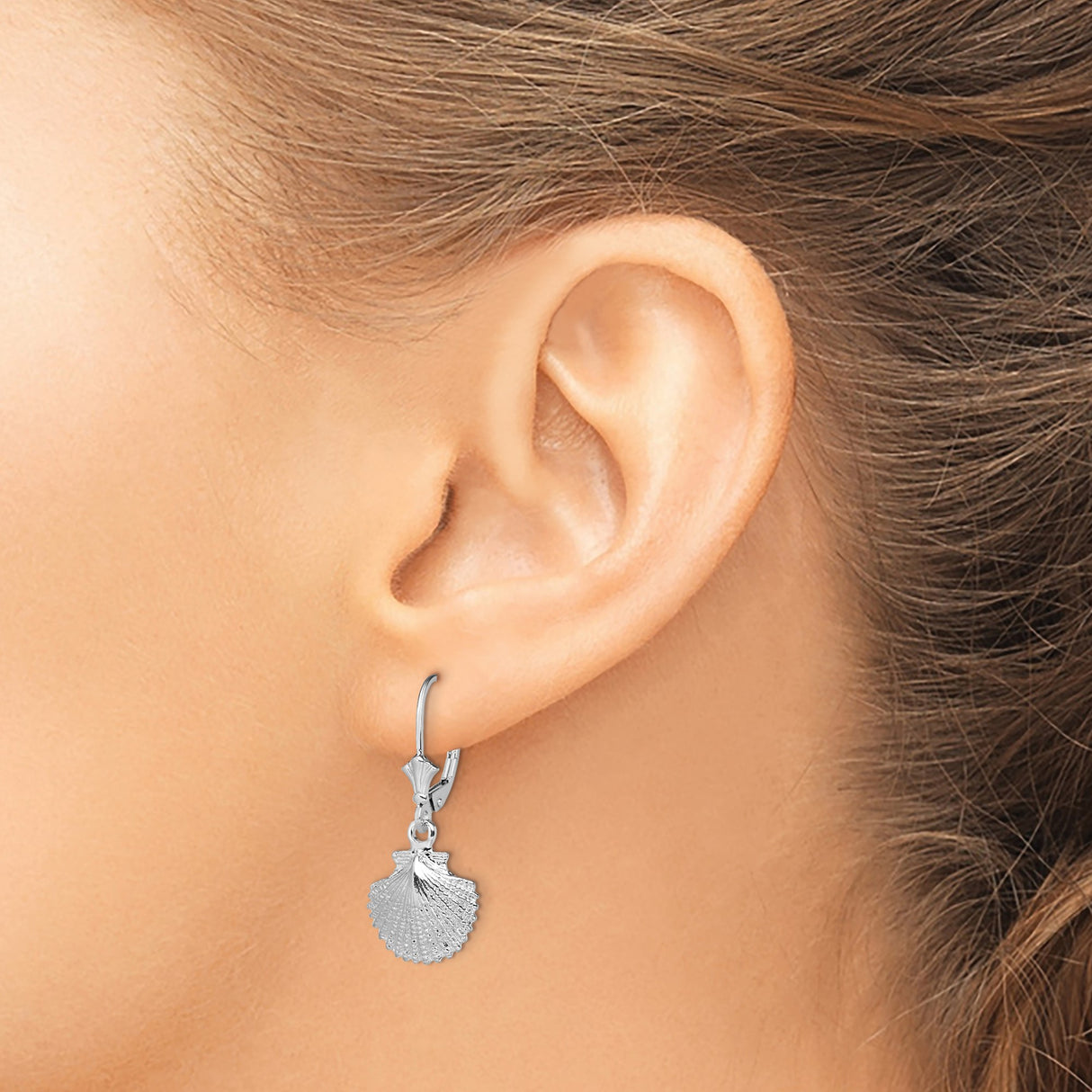Sterling Silver Scallop Shell Dangle Earrings with Leverback Closure, Nautical Ocean Jewelry for Women