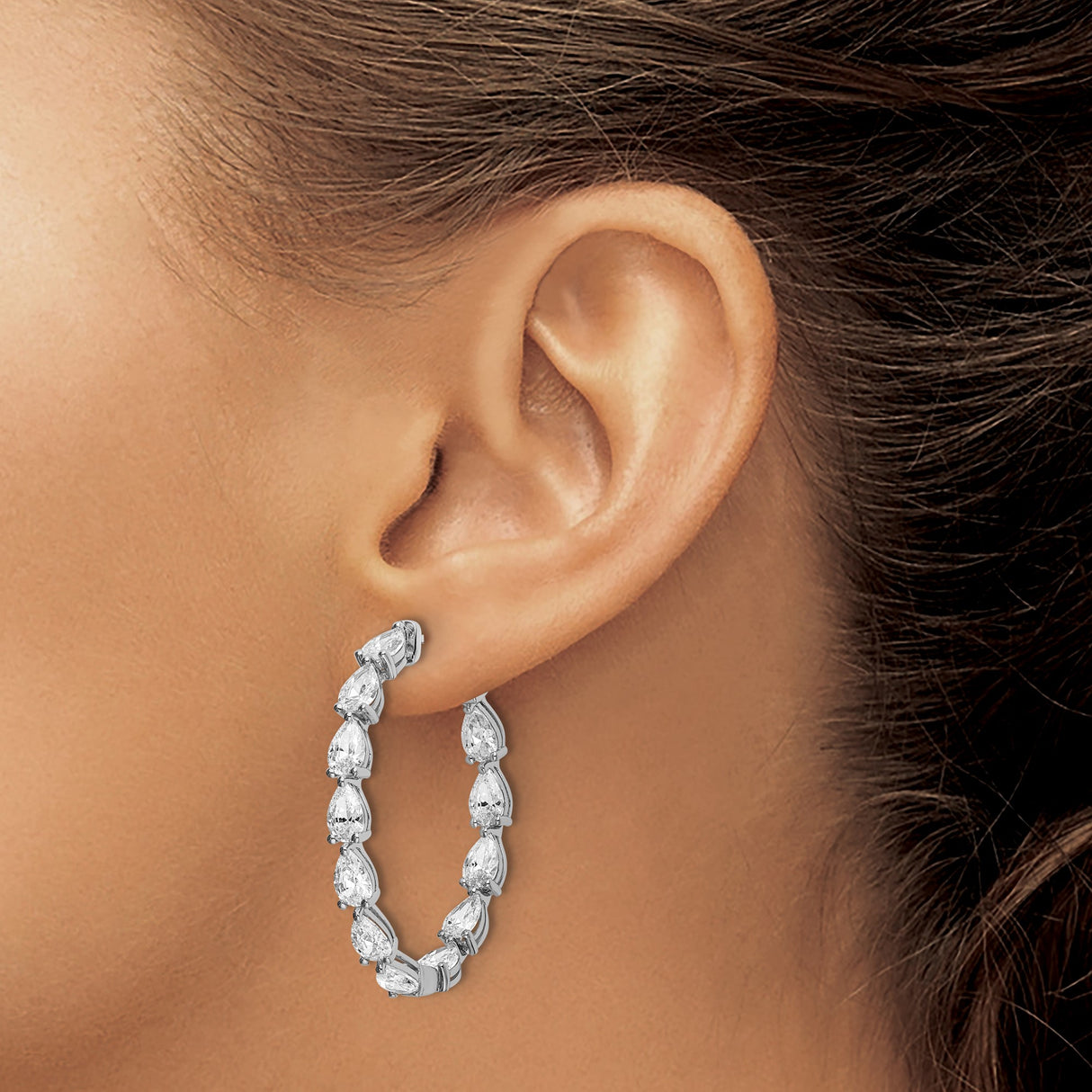 Sterling Silver Hoop Earrings with Pear Cut and Baguette Cubic Zirconia, Oval Hinged Design