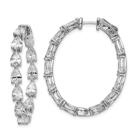 Sterling Silver Hoop Earrings with Pear Cut and Baguette Cubic Zirconia, Oval Hinged Design