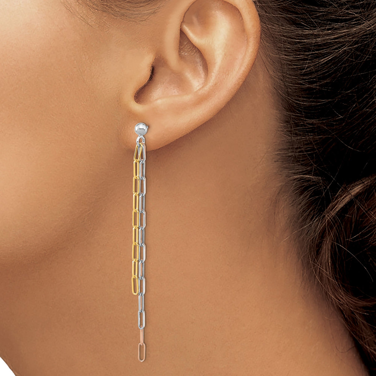 Sterling Silver Dangle Earrings, Triple Tone Chain Link Design, Modern Drop Style for Women