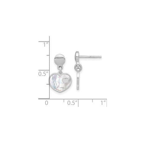 Sterling Silver Heart Drop Earrings with Mother of Pearl Inlay, Romantic Dangle Design