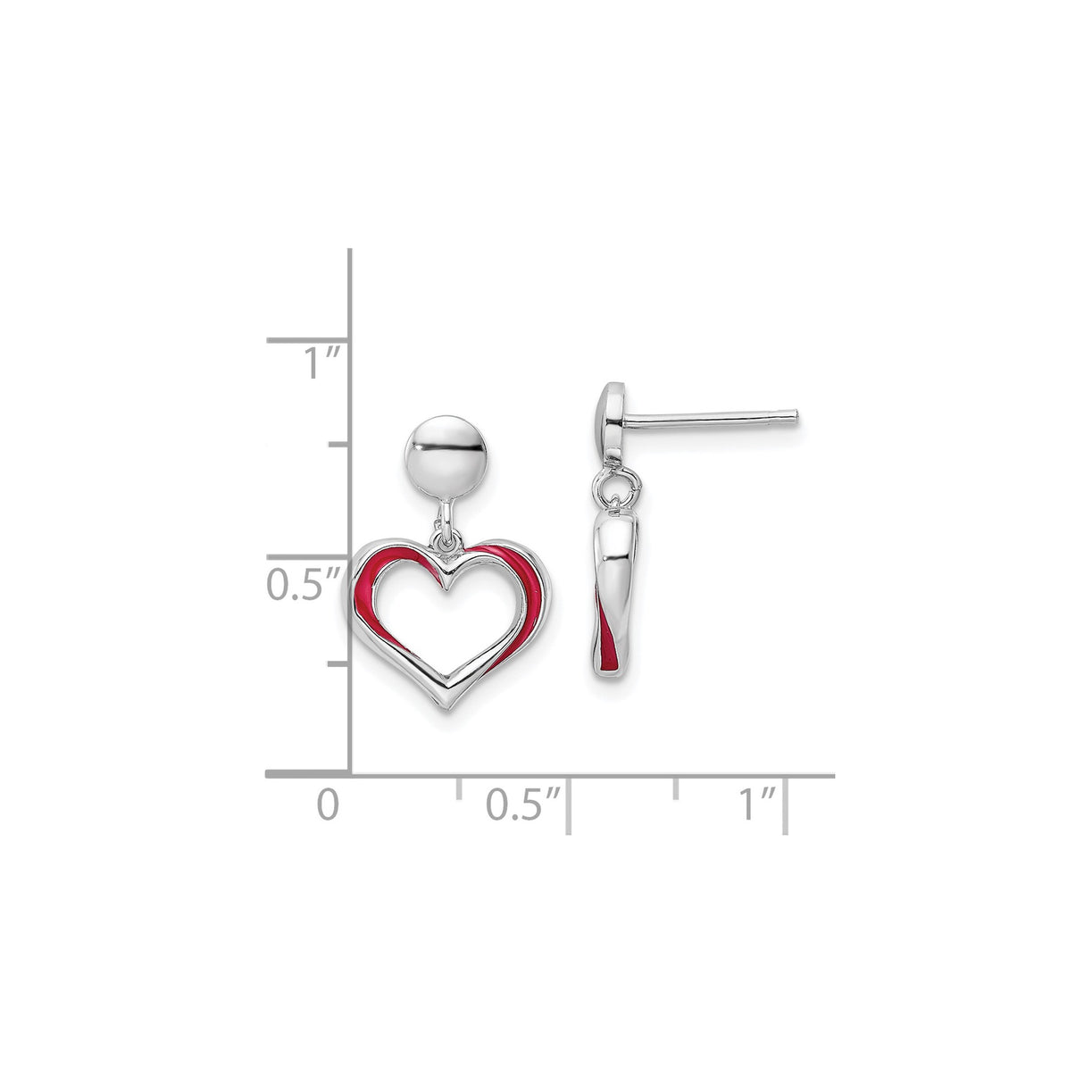Sterling Silver Heart Dangle Earrings with Red Enamel Accents, Lightweight Romantic Style
