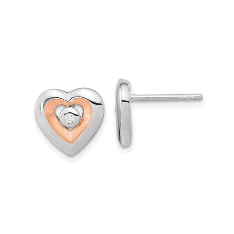 Sterling Silver Heart Shaped Stud Earrings with Diamond Accent, Double Heart Design