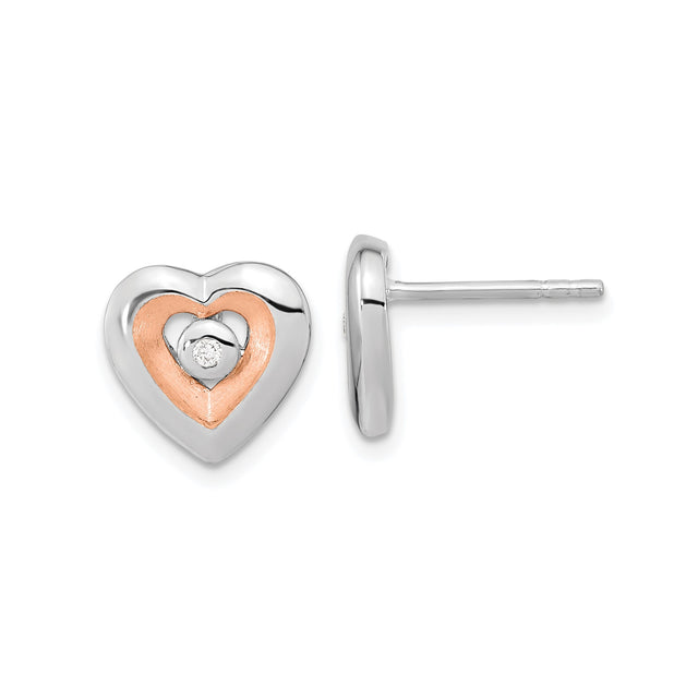 Sterling Silver Heart Shaped Stud Earrings with Diamond Accent, Double Heart Design