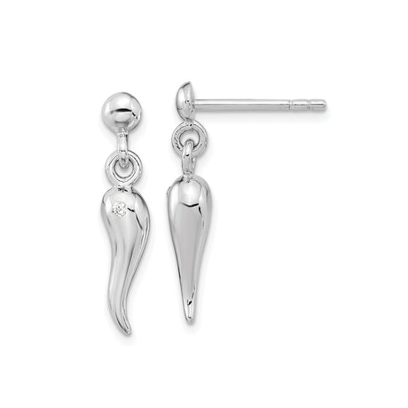 Sterling Silver Dangle Earrings with Cubic Zirconia, Italian Horn Cornicello Charms, Evil Eye Amulet