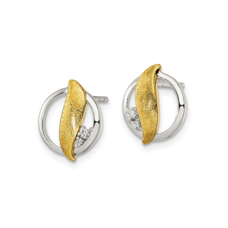 Sterling Silver and 14k Yellow Gold Circle Stud Earrings with Cubic Zirconia, Abstract Geometric Design