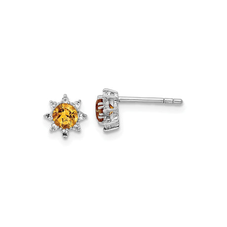 Sunburst Sterling Silver Earrings with Round Yellow Citrine Center and Clear Topaz Accents, Radiant Stud Earrings for Women, Orange Gemstone Post Backs, Classic Sparkle for Everyday Wear