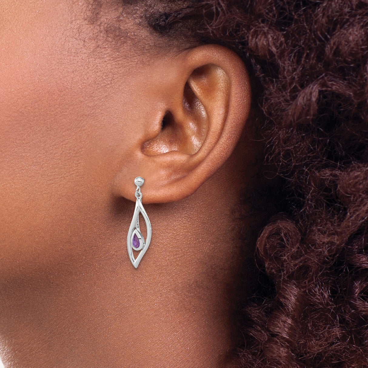 Sterling Silver Dangle Earrings with Amethyst Teardrops, Modern Open Marquise Design
