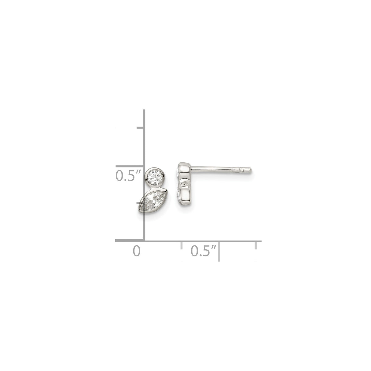 Sterling Silver Stud Earrings with Round and Marquise Cut Cubic Zirconia, Modern Two Stone Design