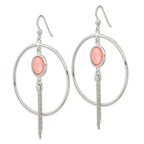 Sterling Silver Dangle Earrings with Pink Agate, Open Hoop and Chain Fringe Boho Style