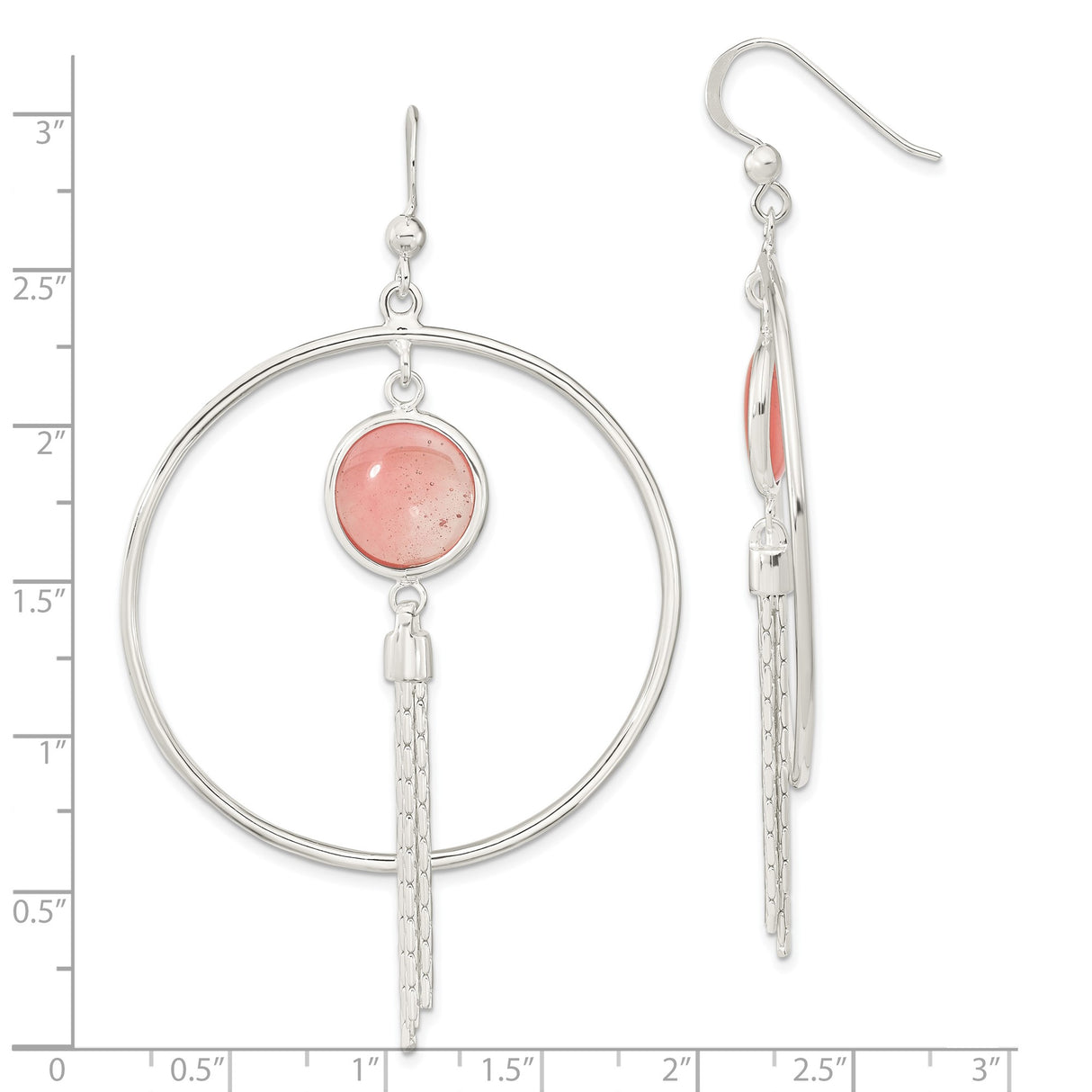 Sterling Silver Dangle Earrings with Pink Agate, Open Hoop and Chain Fringe Boho Style