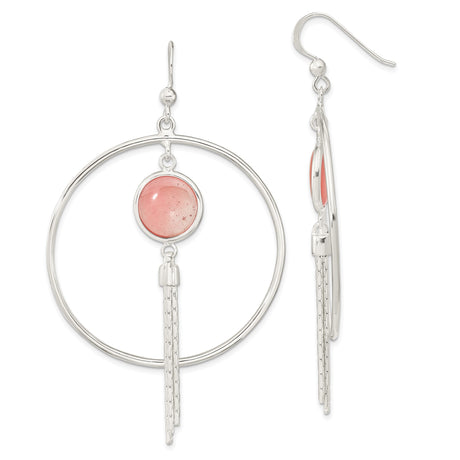 Sterling Silver Dangle Earrings with Pink Agate, Open Hoop and Chain Fringe Boho Style