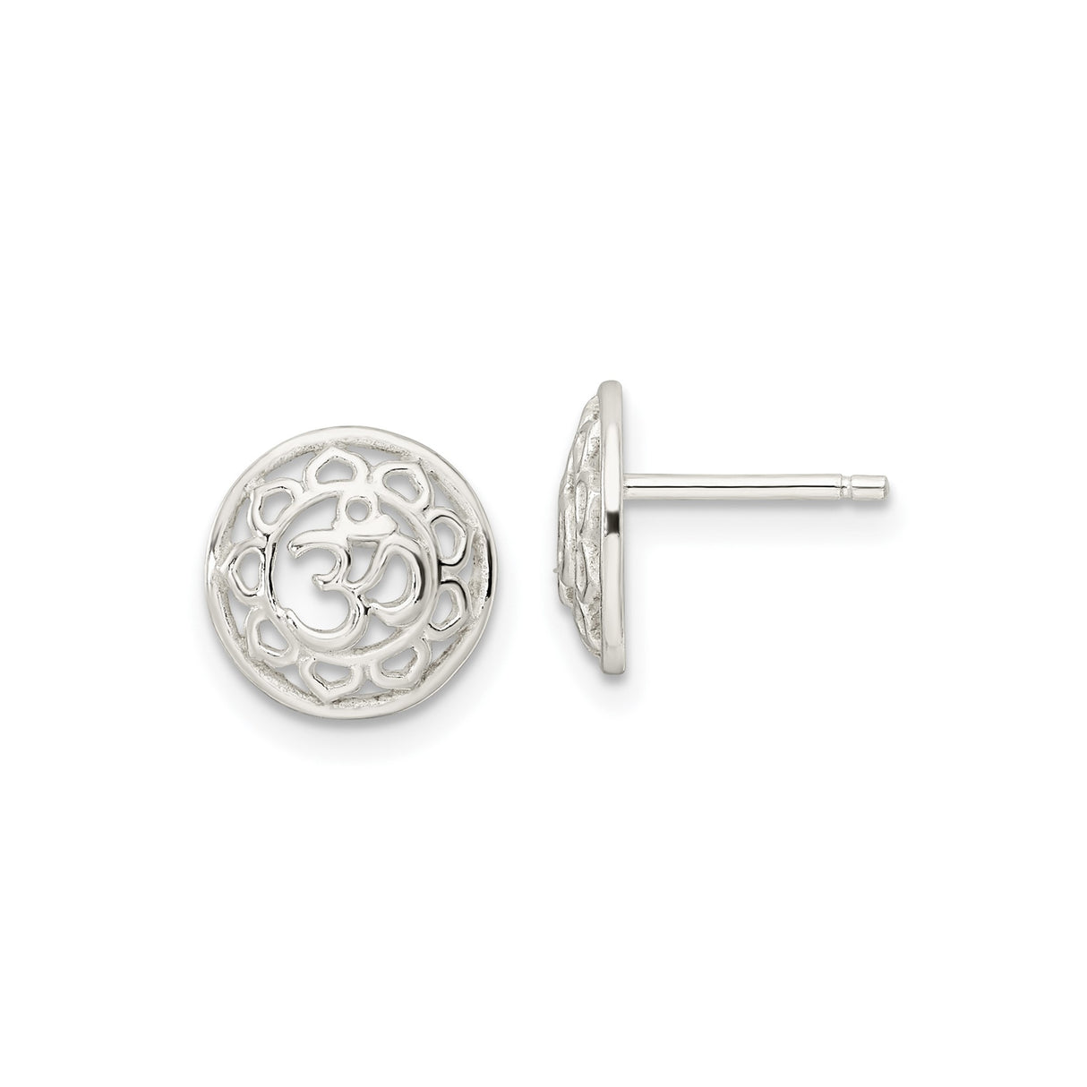 Sterling Silver Stud Earrings with Openwork Lotus Flower and Om Symbol Design