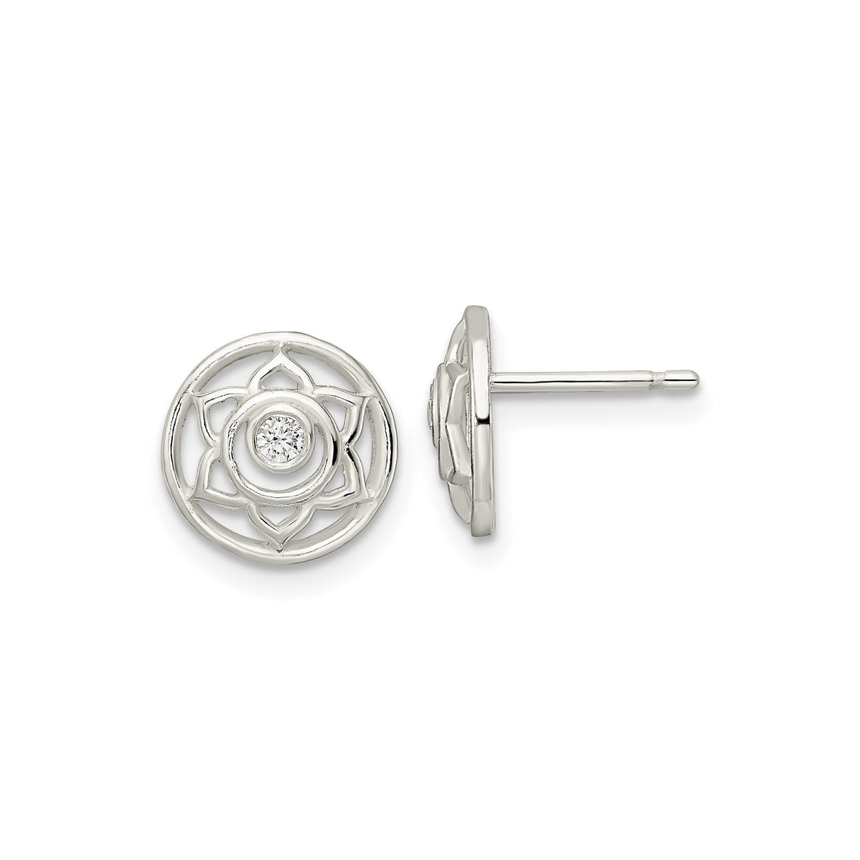 Sterling Silver Lotus Stud Earrings with Cubic Zirconia, Open Flower Design, Zen Yoga Jewelry