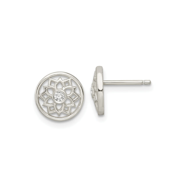 Sterling Silver Lotus Flower Stud Earrings with Cubic Zirconia, Yoga and Chakra Inspired Jewelry