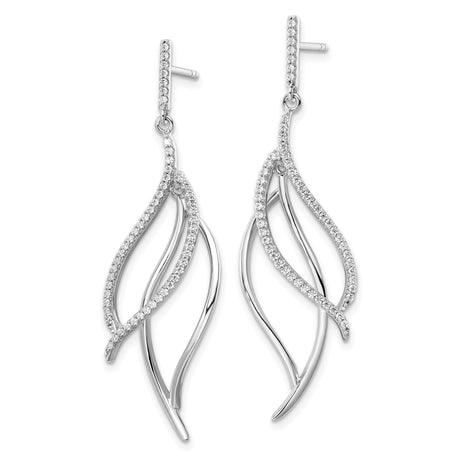 Sterling Silver Dangle Earrings with Cubic Zirconia, Flowing Leaf Design