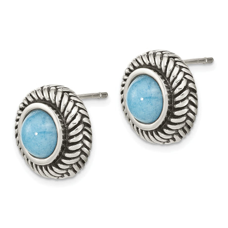 Sterling Silver Stud Earrings with Created Turquoise, Twisted Rope Bezel, Boho Style